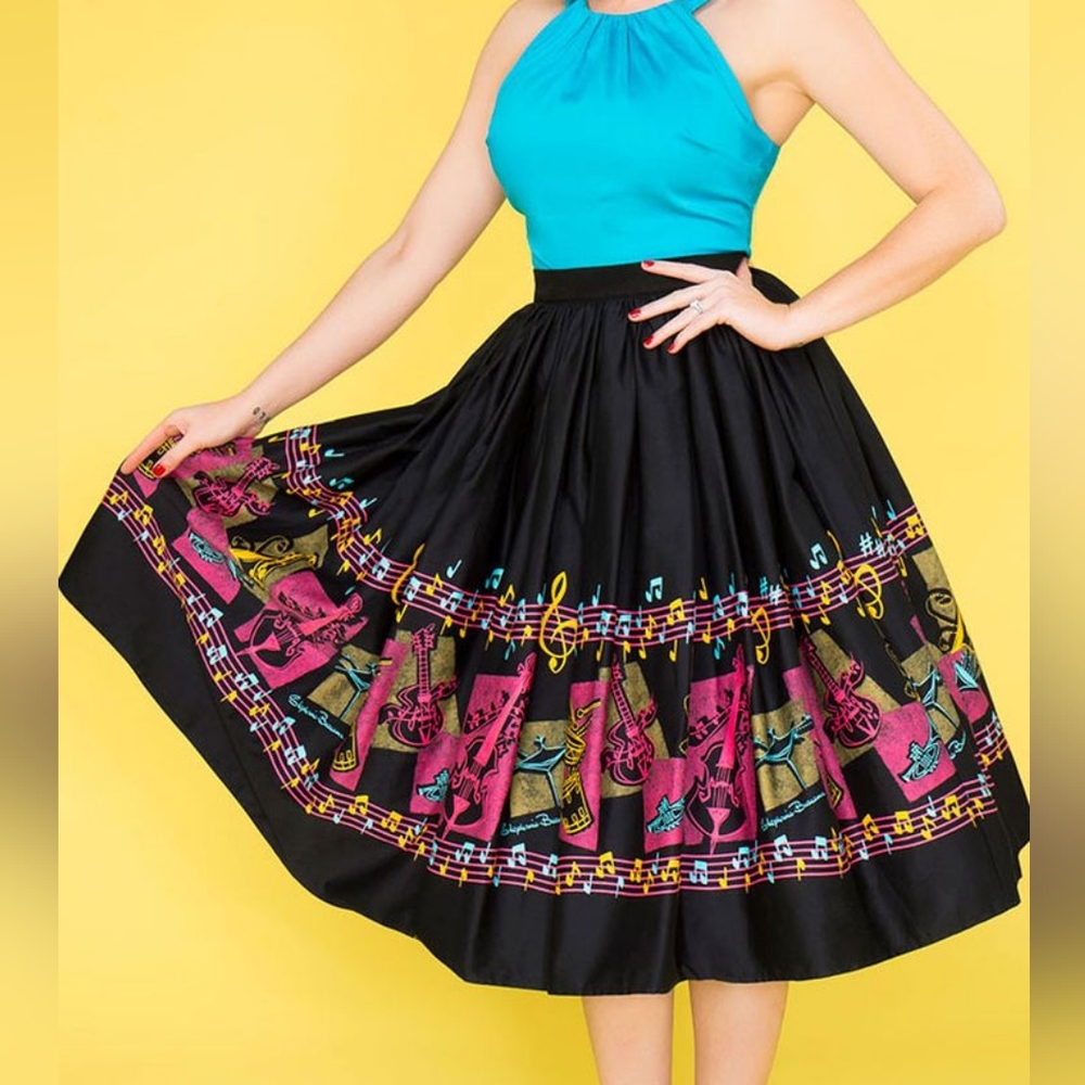 Rare -- Pinup Girl Clothing Couture Steph Buscema Jenny Skirt Music Border Print